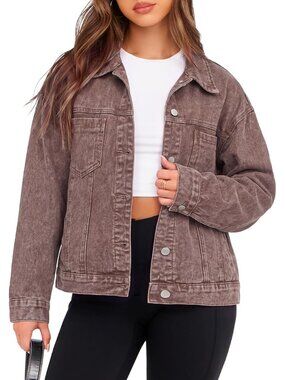 Women's Oversized Brown Jean Jacket Casual Long Sleeve Button Down Denim Jacket